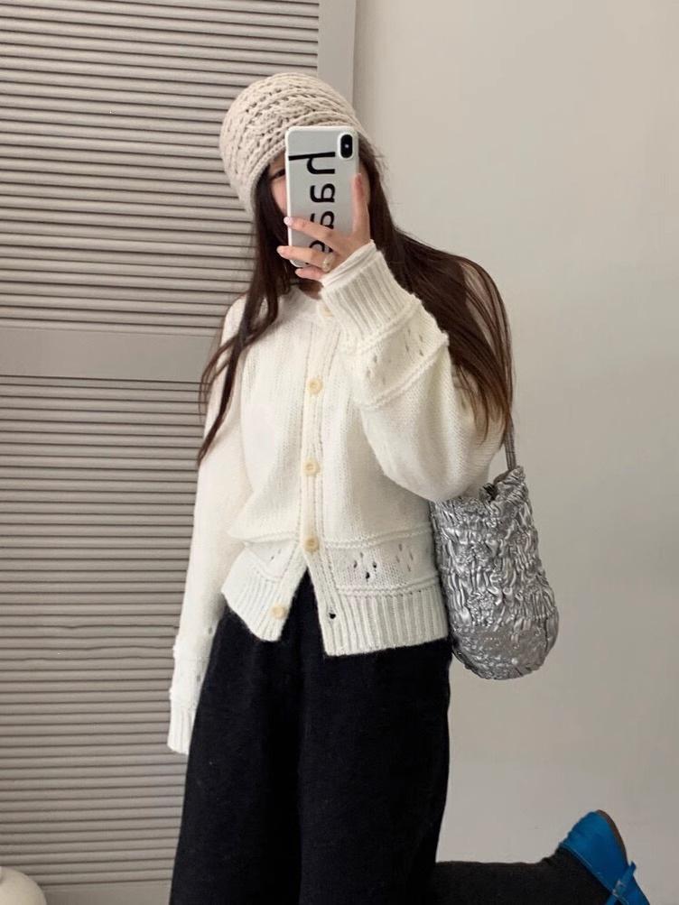 Women's Soft Fluffy Knit Cardigan - Korean Style, Hollow Design, Spring Petite Top