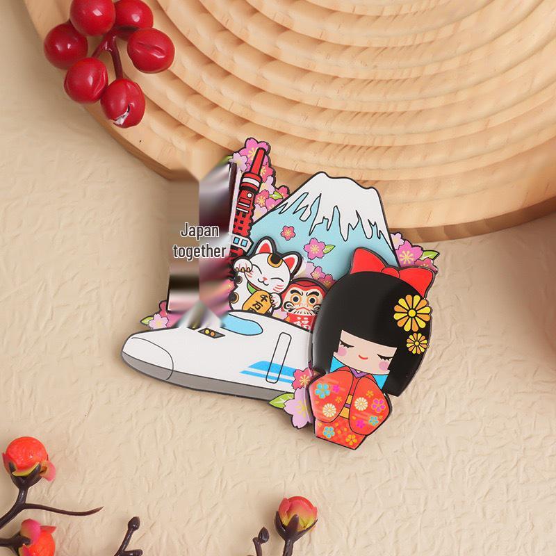 Japanese Epoxy Wood Refrigerator Magnets - Cute Cartoon Cultural Souvenirs, Soft Magnetic