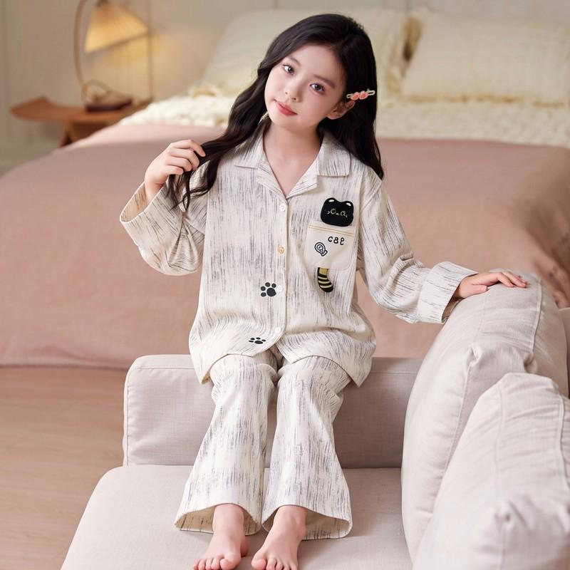 100% Cotton Long Sleeve Girls Pajamas Set Cartoon Print Sleepwear Kids 8 Years Comfortable Home Outfit