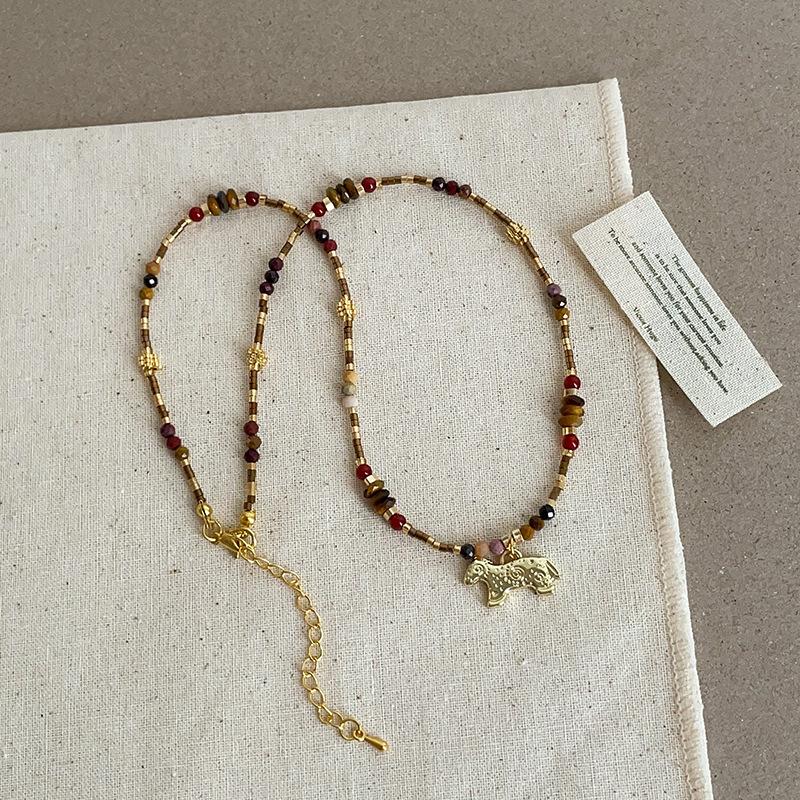 

Minar Cartoon Colorful Natural Stone Pony Pendant Necklace Woven Rope Horse Collarbone Double Layers Metallic Chain Choker