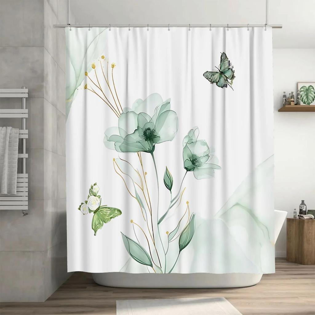 Elegant Floral and Butterfly Design Shower Curtain for Modern Bathroom Decor Waterproof and Mildew Resistant Fabric Bath Curtain