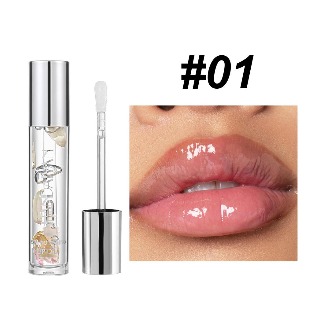 Óleo labial transparente com flor seca, espelho de água, brilho labial, hidratante de longa duração, brilho labial perolado