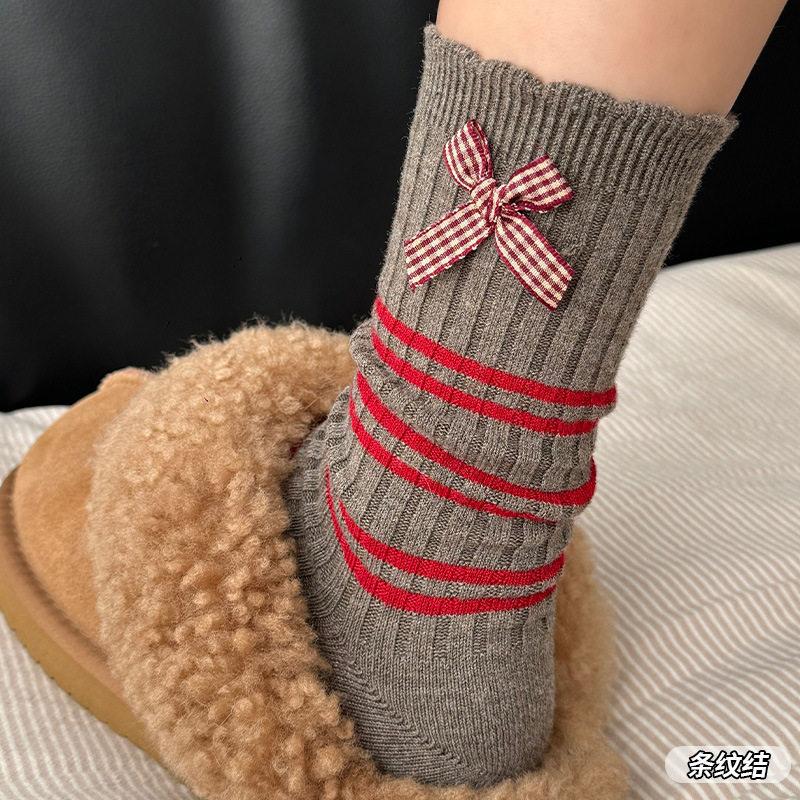 Bow Wool Socks Children Keep Warm In Autumn And Winter New Year'S Birth Year Red Boneless Stacking Socks Versatile Outer Cotton Socks