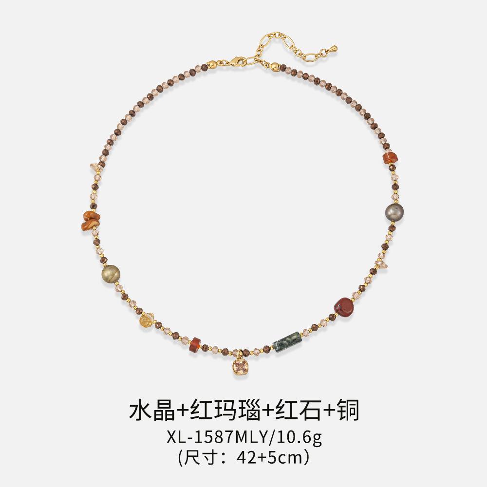 New literary and artistic relaxation color square stone beaded necklace, retro and old brown agate collarbone chain is white