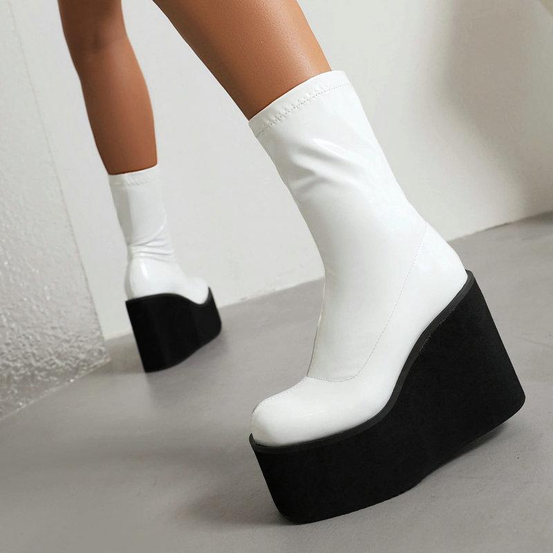 Foam Light-weight Sole Platform Wedges High Heels Girls Shoes Gloss Patent PU Leather Red White Ankle Stretch Booties Gothic Women Black Boots