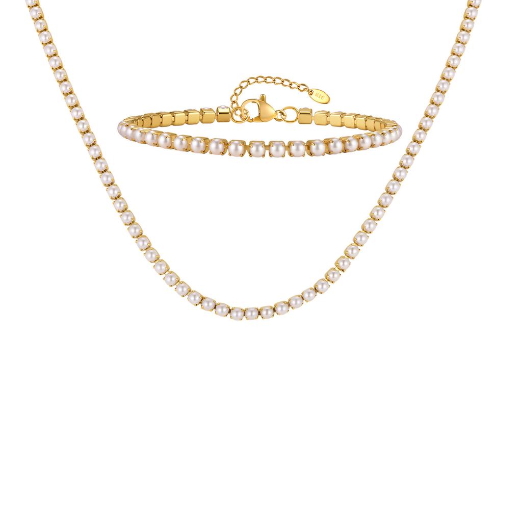 Elegant Temperament Women'S Stainless Steel Imitation Pearl Chain Necklace Bracelet 2757