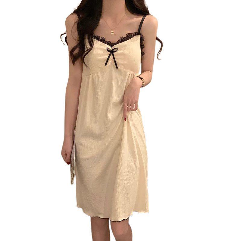 Women's Apricot Lace-Trimmed Camisole Nightgown - Padded Bust, Casual Summer Home Wear Skirt Pajamas