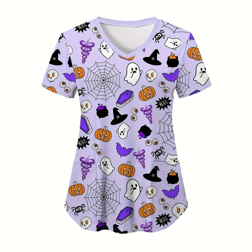 Halloween Clinical Uniform Woman Cute Little Ghost Print Healthcare Nursing Fashion V-Neck with Pockets Woman Medical Uniform