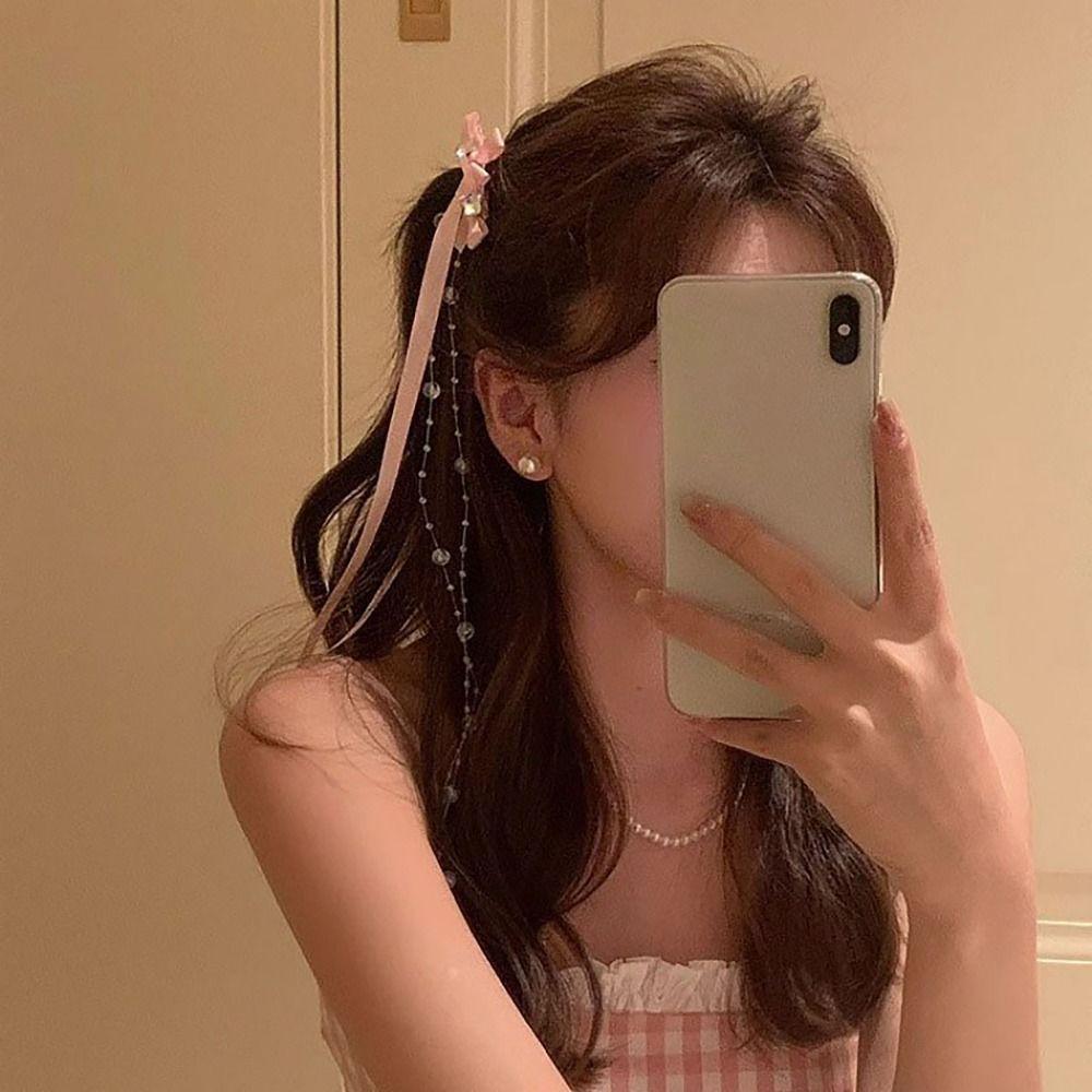 One Piece Bow Ribbon Hair Clip Rhinestone Tassels Hairpin Sweet Side Clip  Women