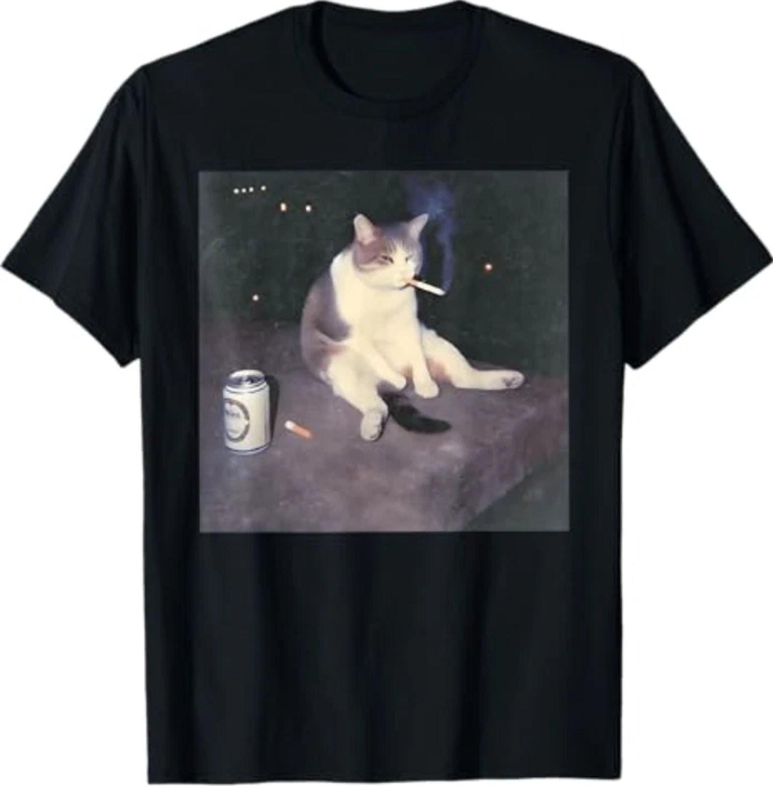 Smoking Cat Meme Funny Graphic T-Shirt Cotton Tee XXL