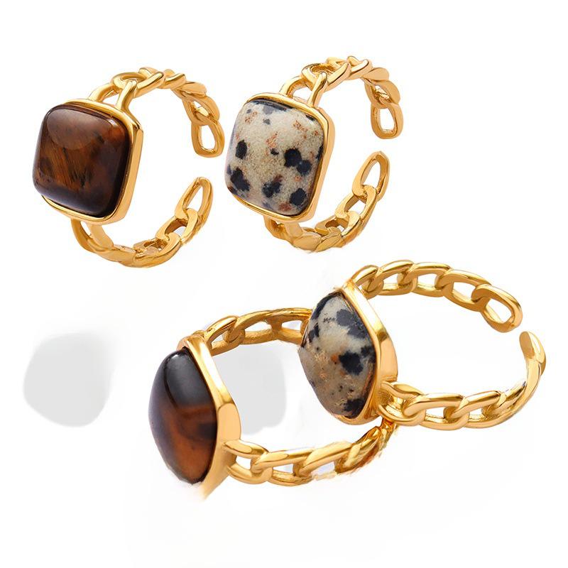 Anel aberto geométrico retrô personalizado com incrustação de pedra natural olho de tigre - A344