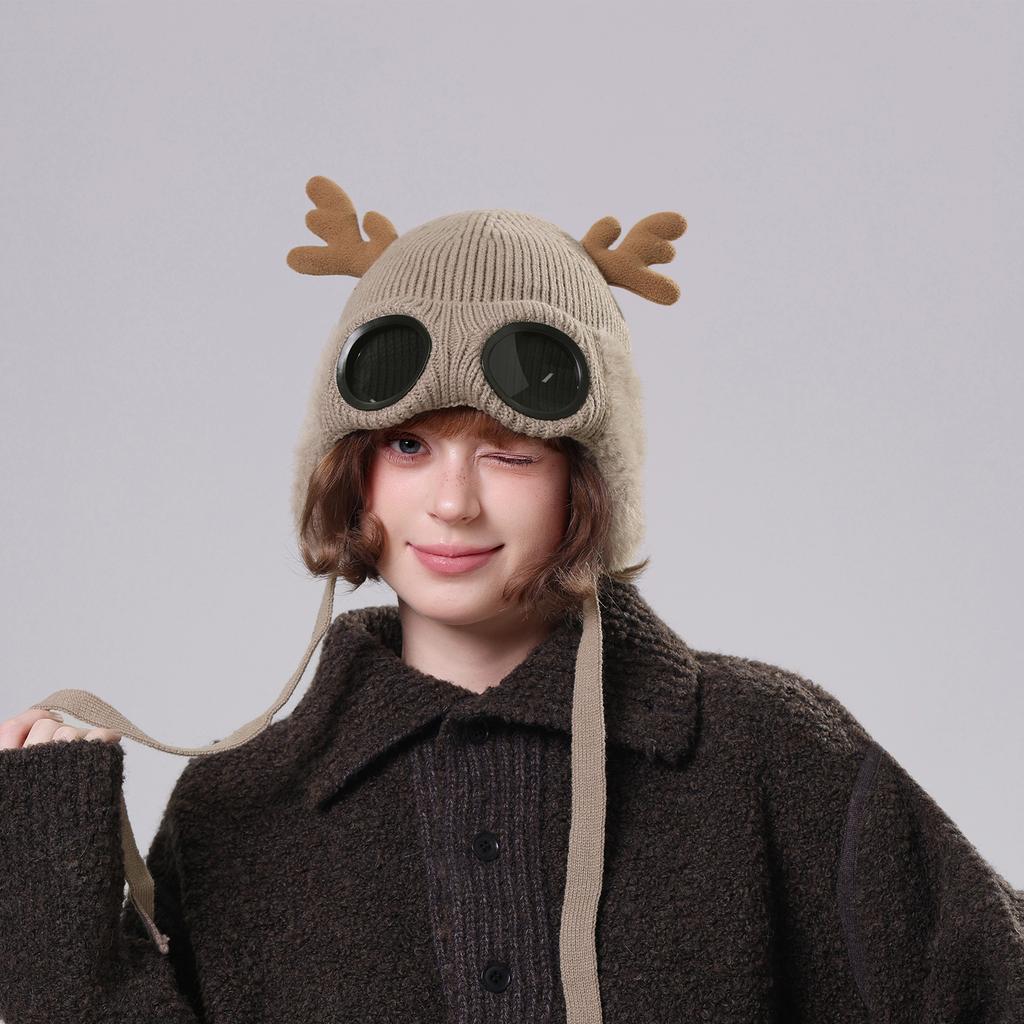 Men's And Women's Windproof Goggles With Fleece Ski Hats Knitted Warm Knitting Hat Deer Antler Hat
