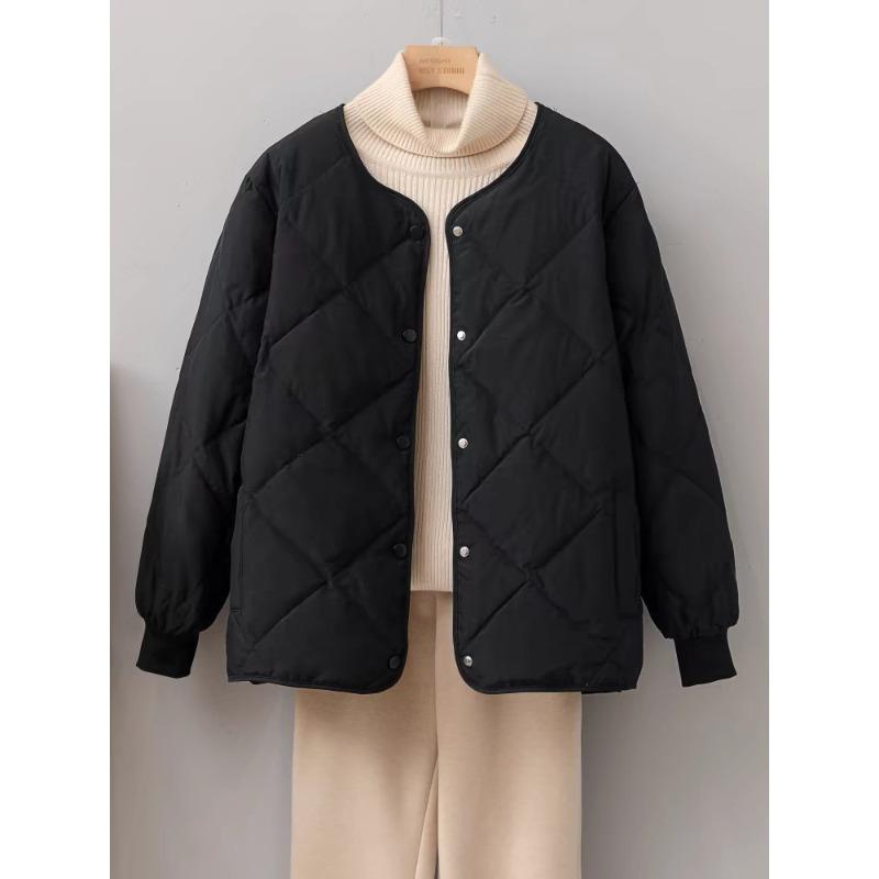 Rhombus Collarless Down Jacket Women's Light and Short New Small Loose Round Neck White Duck Down Liner Jacket