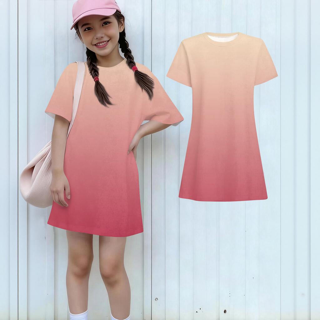 Girls Casual Sundress Kids Loose Round Neck Short Sleeve Lightweight Dress