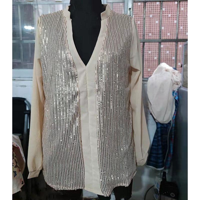 

Сексуальна жіноча футболка з блискучими паєтками, повсякденна блуза з V-подібним вирізом і довгим рукавом, великий розмір, вільний комір із V-подібним вирізом, дихаючі топи XL шампанського