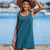 Women's Round Neck Sleeveless Mini Dress Loose Solid Color Button Front Dual Pocket Casual Beach Sundress