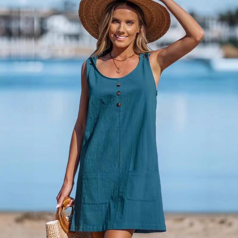 Women's Round Neck Sleeveless Mini Dress Loose Solid Color Button Front Dual Pocket Casual Beach Sundress