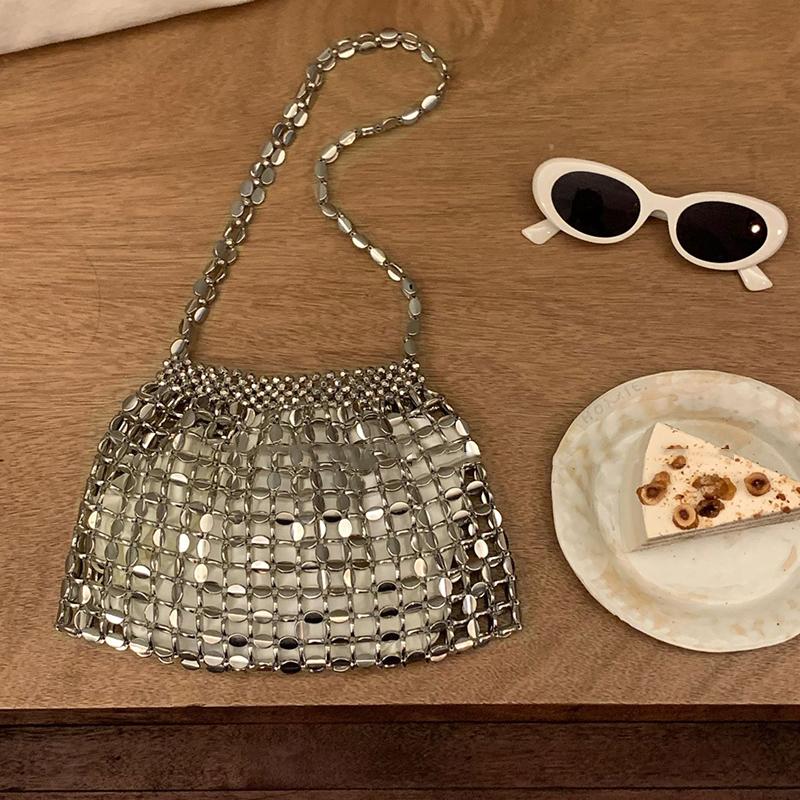 Yogodlns Women Summer Woven Hand Bag Luxury Design Hollow-out Silver Hand Woven Single Shoulder Underarm Bag