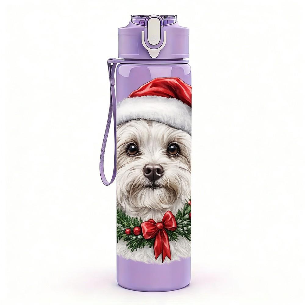 1PC Santa Hat Puppy Christmas Dog Print 750ml Color Plastic Sports Water Bottle Leakproof Flip Straw Lid Suitable for Sports Office Home Use