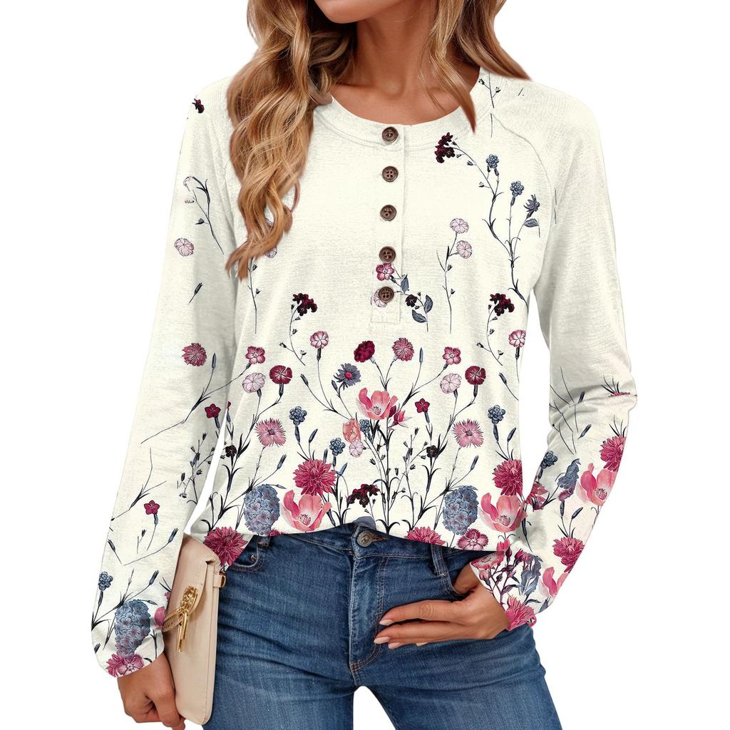 Women's Fashionable Vintage Floral Print Round Neck Long-sleeved Top