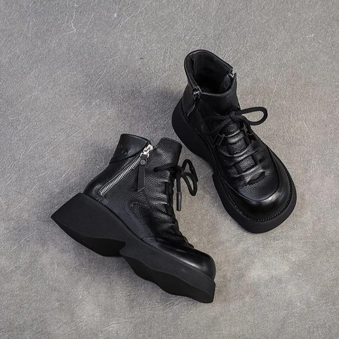 Johnature Genuine Leather Retro Wedges Short Boots With Side Zipper Thick Soled Versatile Women's Boots