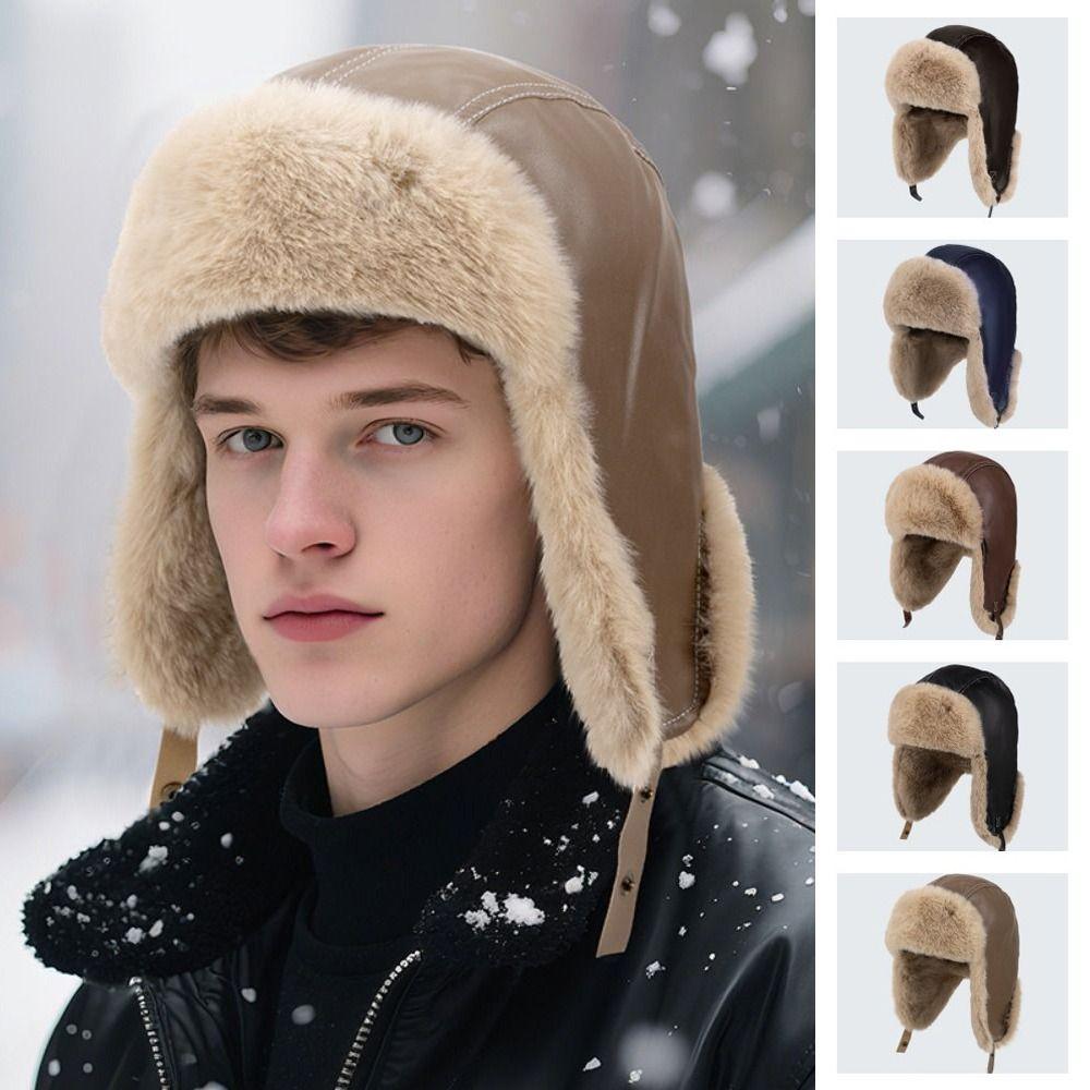 Casual Pu Leather Winter Pilot Hat Windproof Beanie Caps Warm Ski Hat Ear Protection Hat Earflap Cycling Lei Feng Hat Skiing