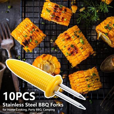 10 piezas Acero Inoxidable Tenedores de Maíz Brocheta Pequeño Barbacoa Camping Soportes de Maíz Resistentes al Calor Accesorios de Cocina Herramienta para Barbacoa al Aire Libre