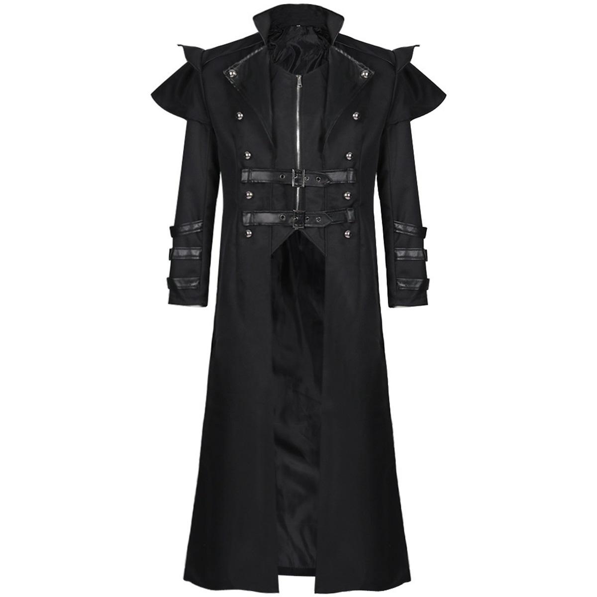 Manteau Long pour Homme Performance Scénique Contraste Noir‑Blanc Revers Trench-coat Style Punk Costume de Spectacle Fête Long Manteau d'Extérieur L