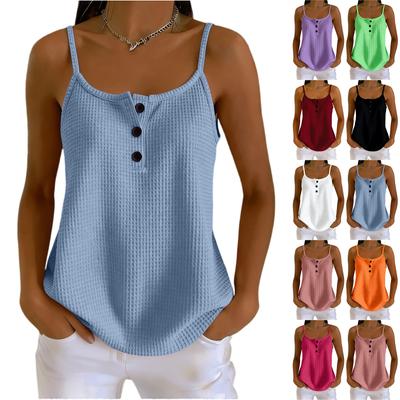 Damen Waffelstrick Tanktop Knopfleiste Ärmellos Lässig Sommer Bluse Leichtes Weiches Gewebe