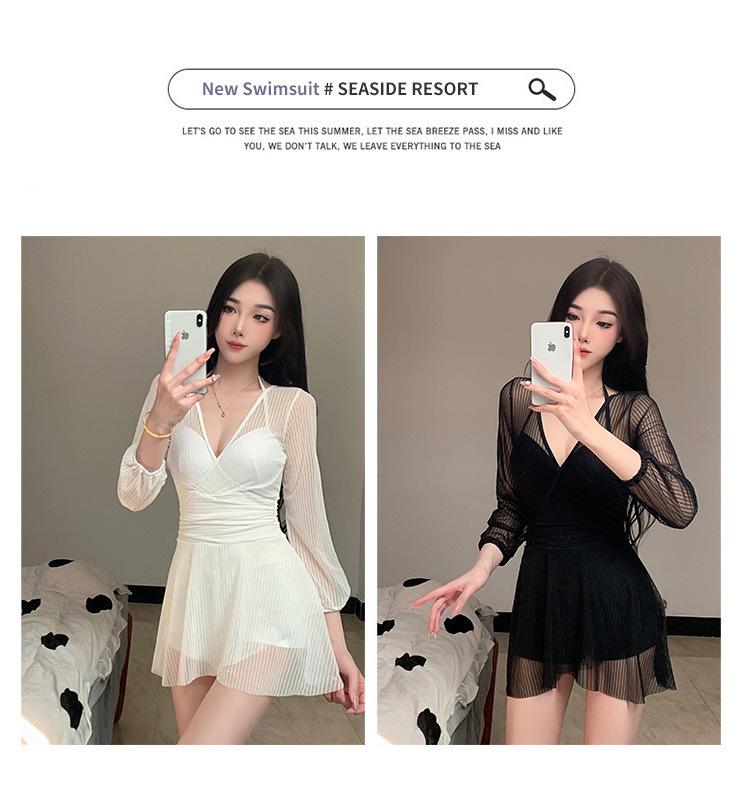 Women's 2026 Summer One-Piece Lace Swimsuit - Skirt Style, Slimming, Push-Up, Long Sleeve, Small Bust Enhancer.