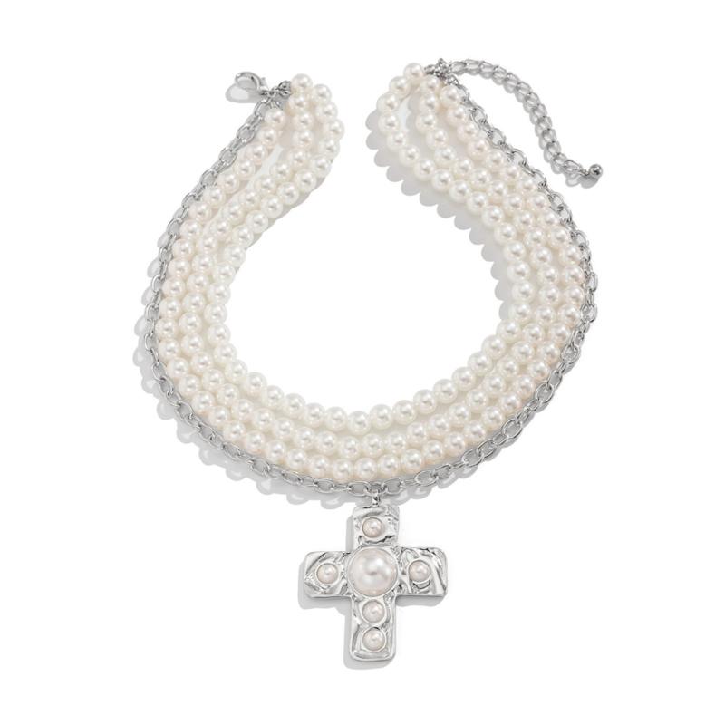 Pearls Crosses Necklace for Women Elegant Gold Layer Choker with Statement Pendant and Buckles Chain Adjustable