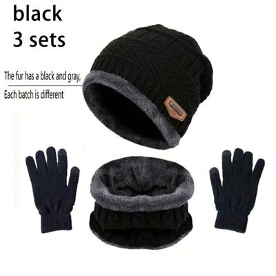 Men's Winter 3-Piece Set: Fleece-Lined Knit Hat, Snood, and Gloves.