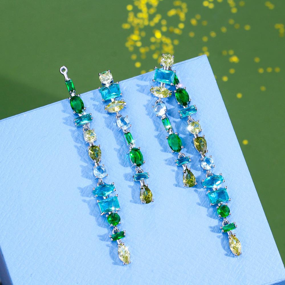 Needle Light Luxury Super Fairy Temperament Long Face Small Earrings Geometric Color Zircon Two Wear Double Fringed Earrings
