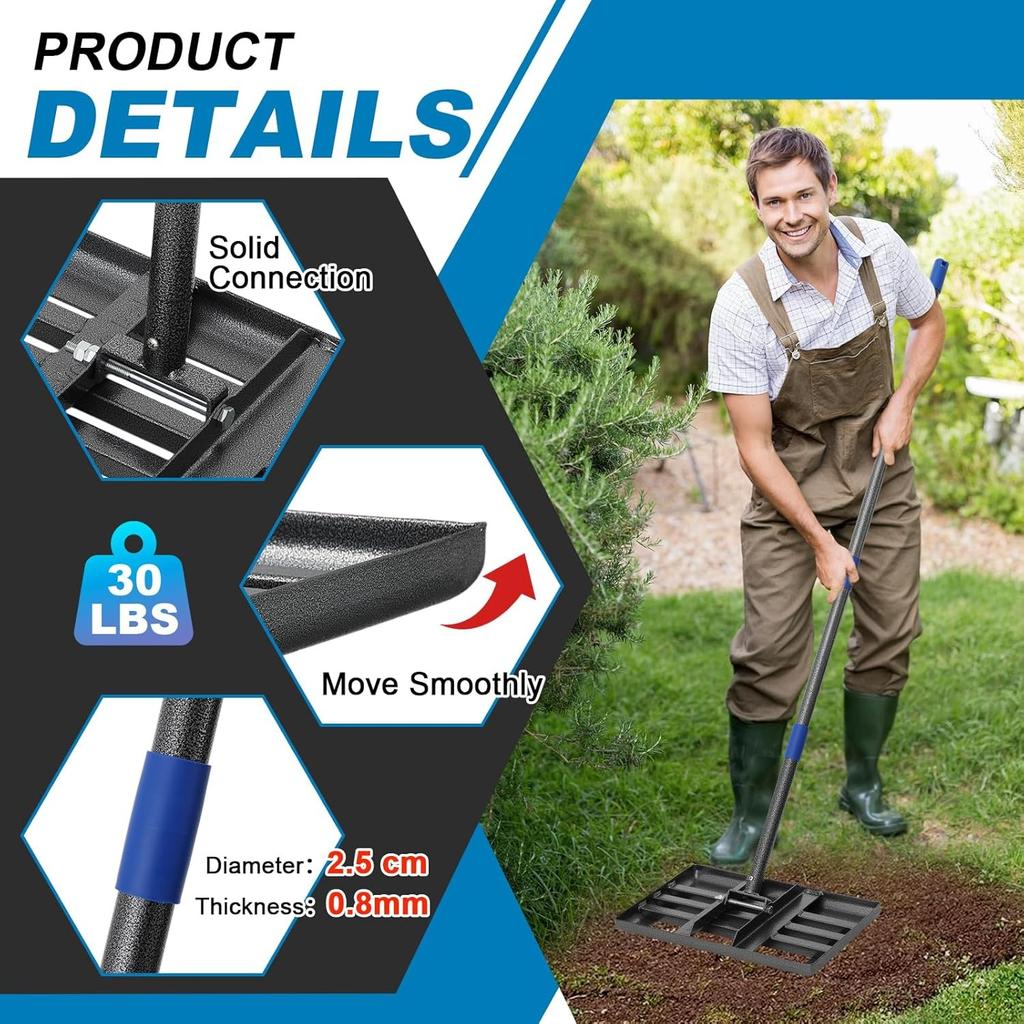 Lawn Leveling Rake, 43 X 25 Cm Levelawn Tool with Effort Saving Curved Edge, 6 FT Metal Lawn Leveler Heavy Duty, Move Soil Ground Surfaces Freely