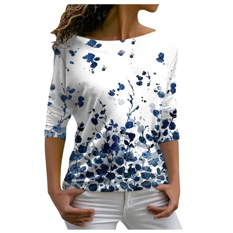 Autumn versatile long sleeved women's T-shirt with floral pattern printed regular retro casual O-Neck Bohemian multi-color top