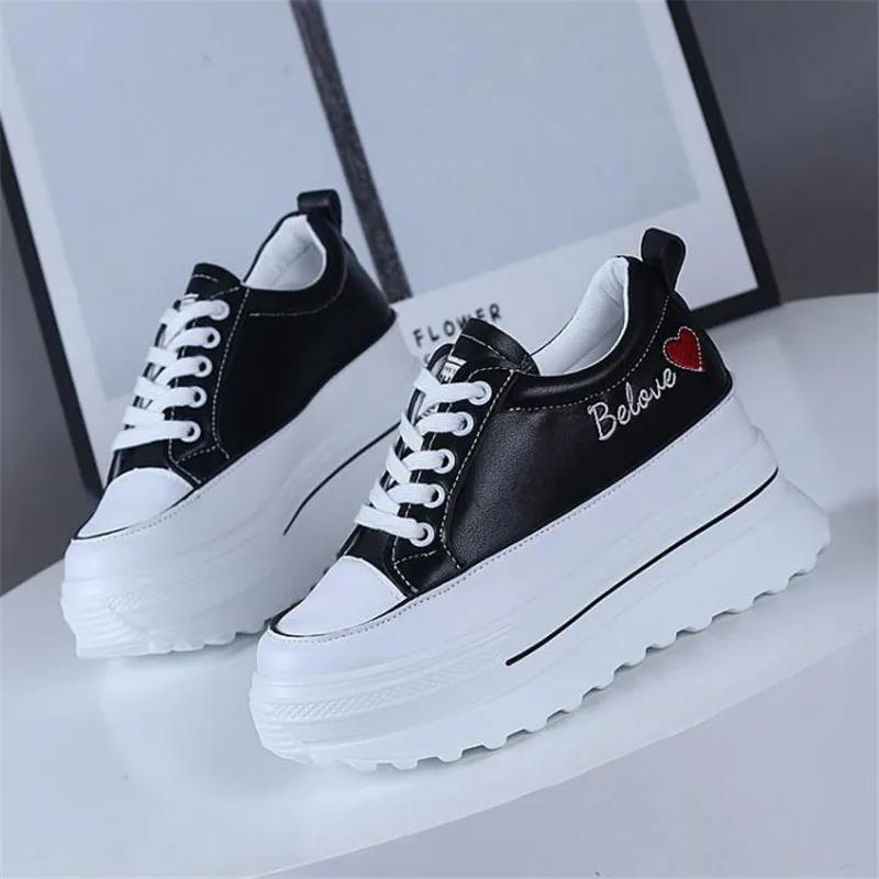 Fashion Spring Autumn Women High Platform Shoes 9CM Comfortable Chunky Sneakers Breathable Leather Wedges Casual Sport  Walking Shoes