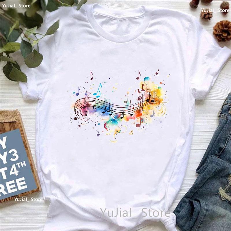 Watercolor Music Note Flowers Print T Shirt Girls Summer Fashion Tshirt Womem Hip Hop Tshirt Femme Harajuku Shirt Streetwear