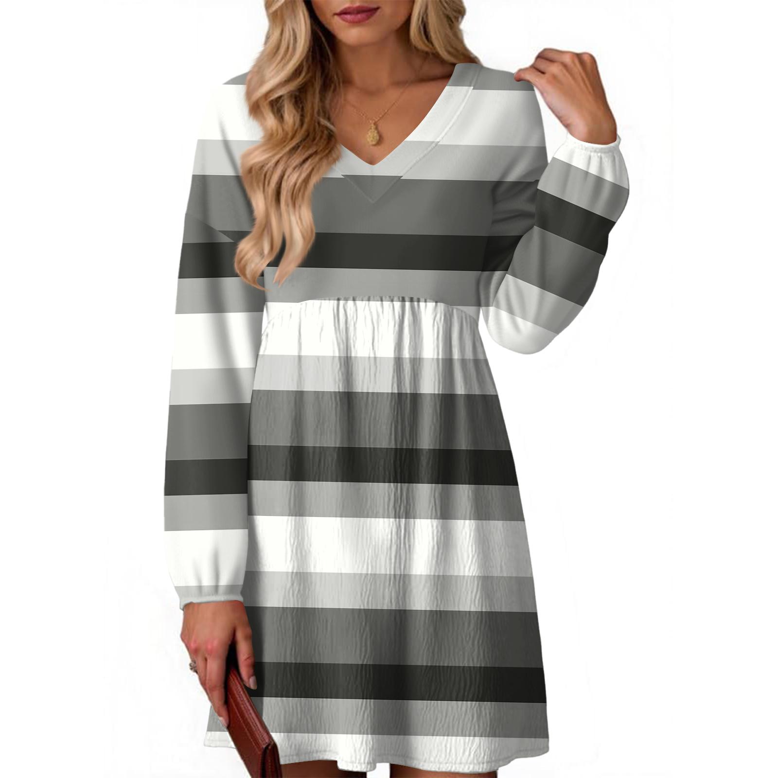 Women s Fashion Striped V-Neck Long Sleeve Dress S