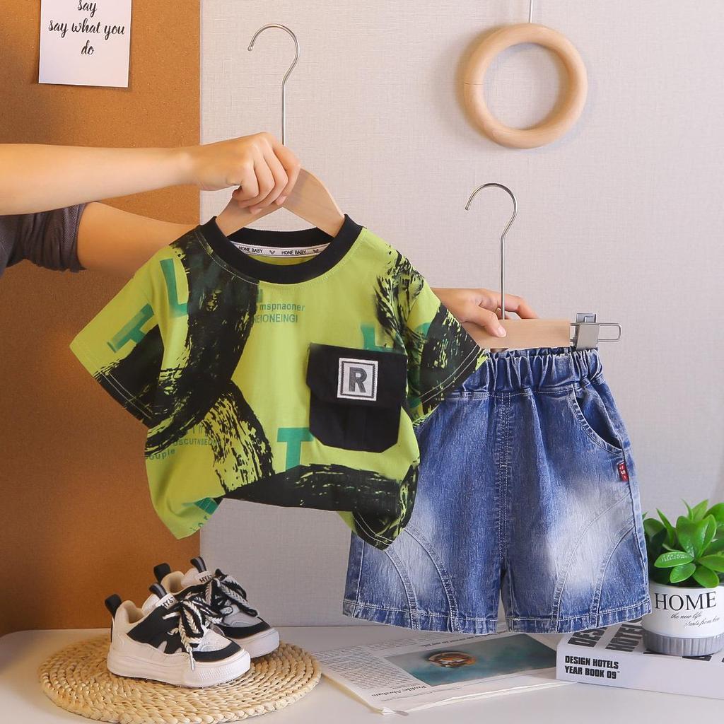 2026 New Boys' Summer Outfit: Stylish Infant Letter Pocket Short Sleeve Two-Piece Set