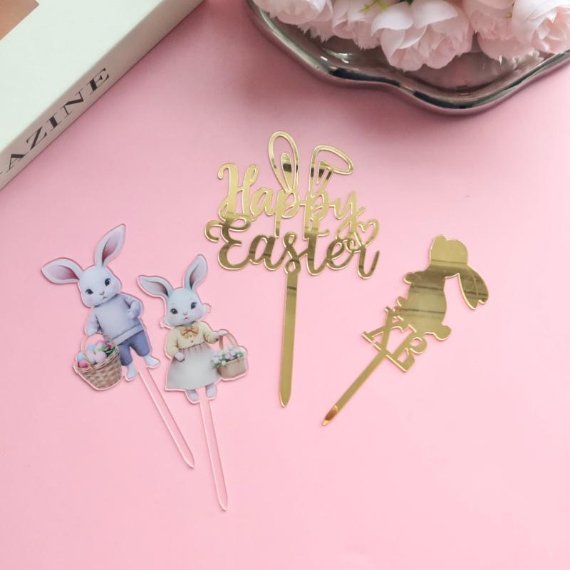 Colored Rabbit Easter Happy Cake Topper Dessert Decorations Gold Acrylic Kids Party Festival Cake Toppers Easter Baking Supplies