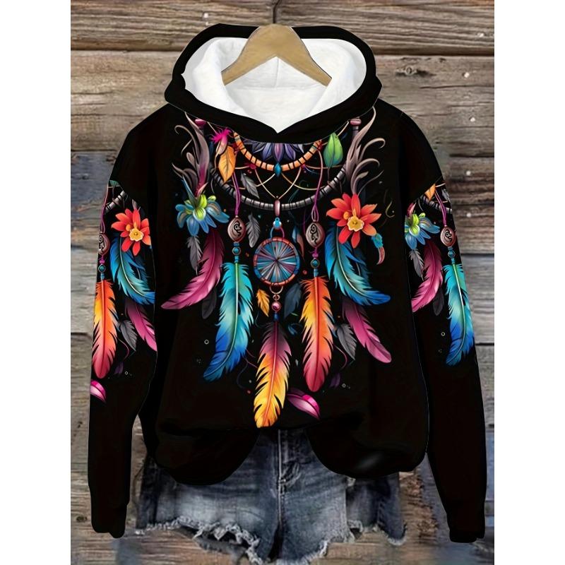 Dragonfly floral print hooded sweatshirt Print drawstring hoodie, casual long-sleeved shoulder-falling hoodie, women's clothing