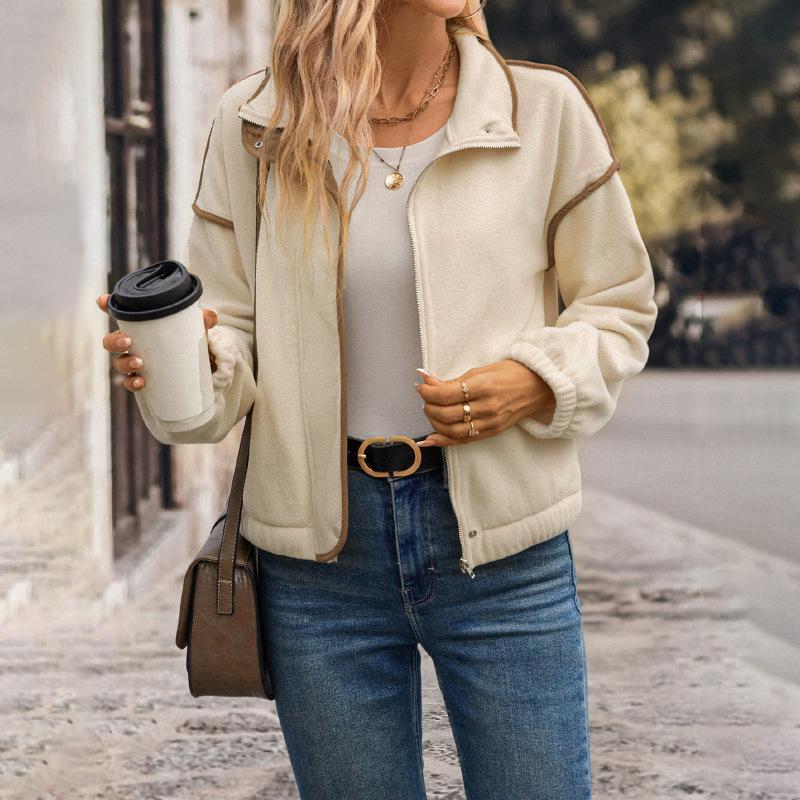 

Womens Jacket Casual Stand Collar Long Sleeve Outerwear Loose Fit Color Block Zipper Warm Coats Tops with Pocket XL