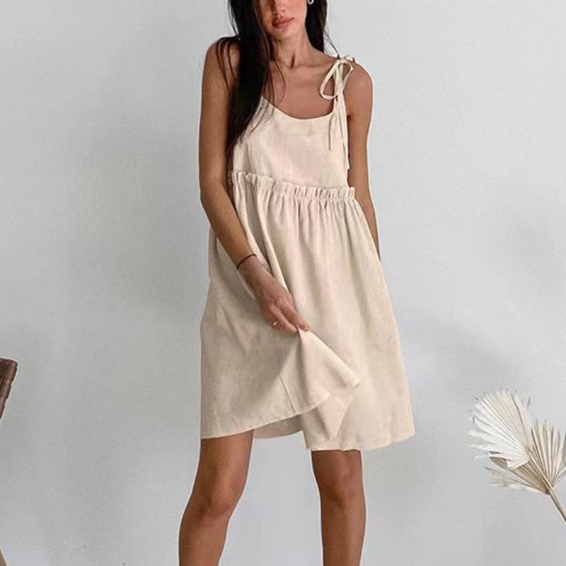 2025 Summer Cotton Linen Spaghetti Strap Dress - Women's Backless Sexy Urban European & American High-end Style.