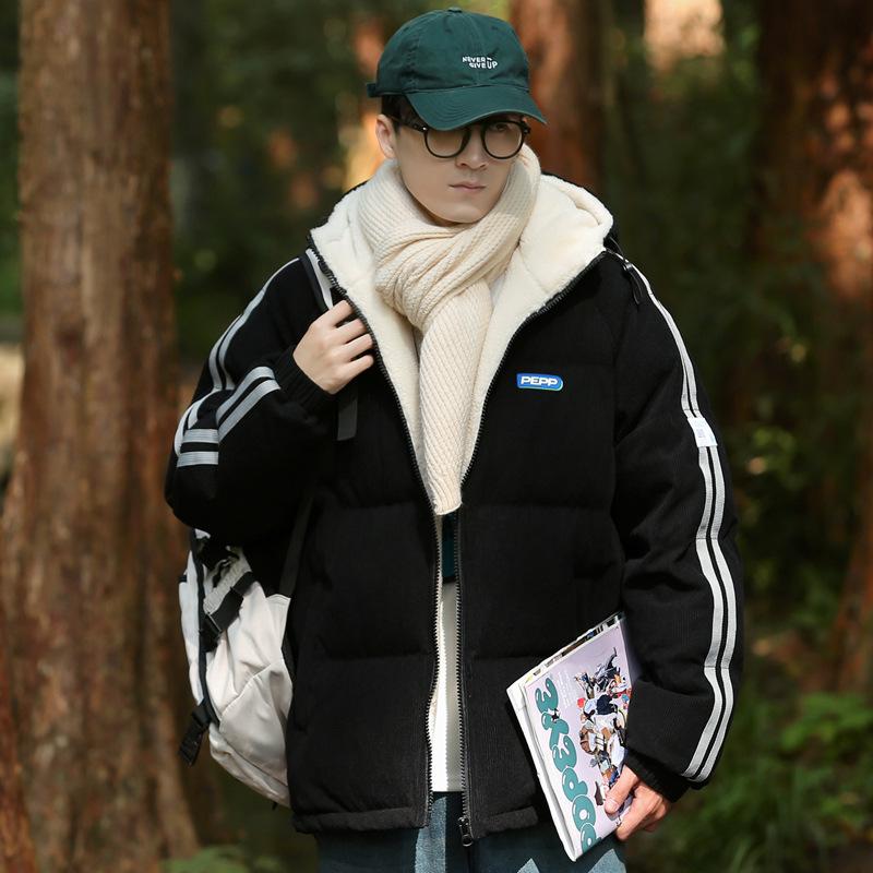 Lamb wool men's new winter Korean style warm thickened hooded loose cotton coat trendy couple internet celebrity jacket for men
