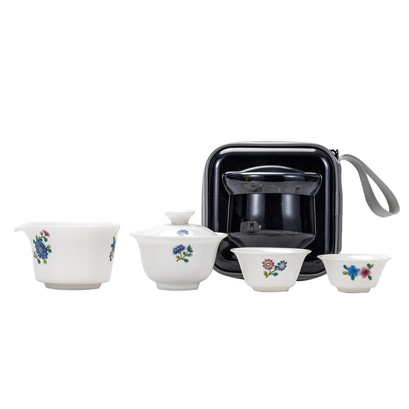 Dehua White Porcelain Suet Jade Travel Tea Set Outdoor Portable Tea Set Car Out Kung Fu Tea Set Storage Bag