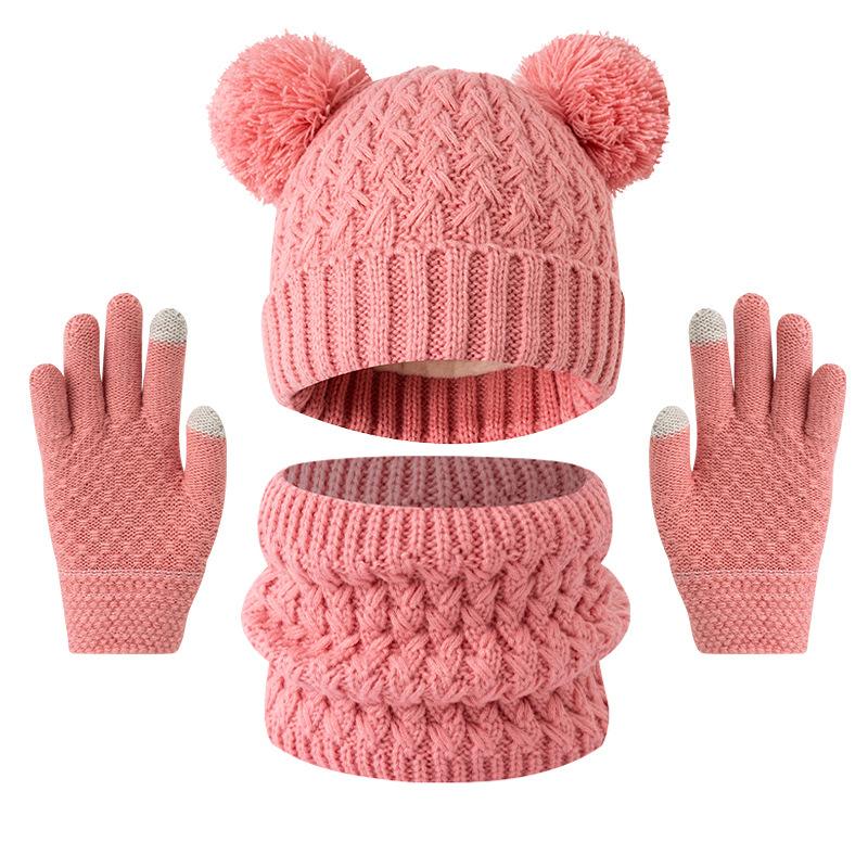 3pc3-12Y Children's Hat, Scarf and Glove Set, Children's Thickened Winter Hat with Snowflake Color Pattern Knitted Cap