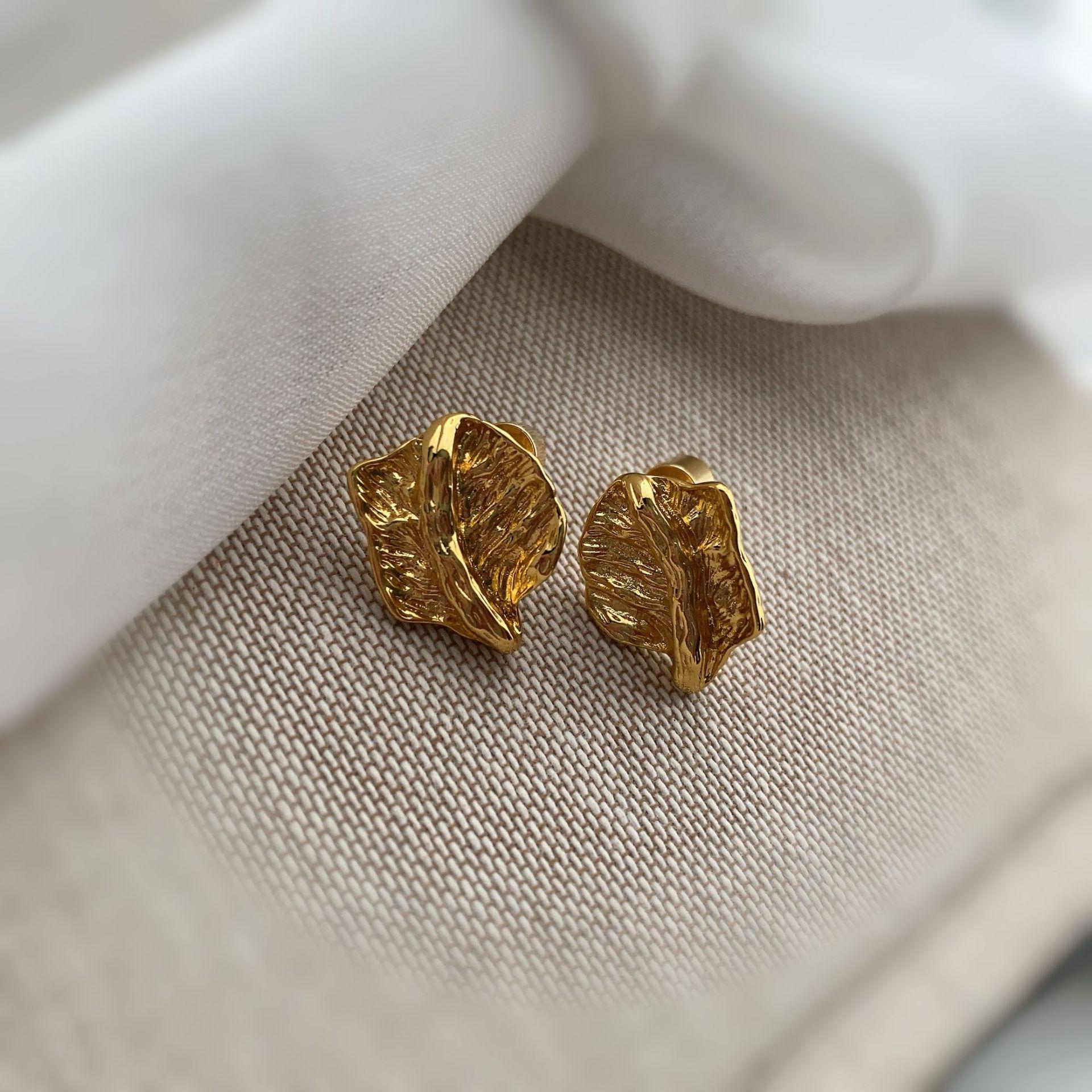 Gold new electroplating unique retro stud earrings irregular texture road feeling leaf design personalized temperament earrings