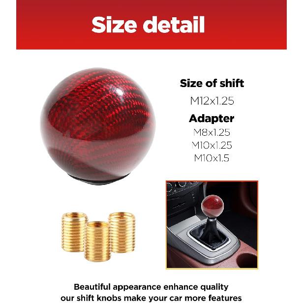 YAKEFLY Universal Shifter, Round Carbon Fiber Gear Shift Knob With 3 Aluminum Adapters, Car Shift Lever Stick Knob (Carbon Red)
