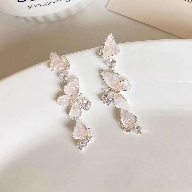 925 Silver Pink Heart Flower Butterfly Tassel Earrings - Sweet, Elegant, and Whimsical Design