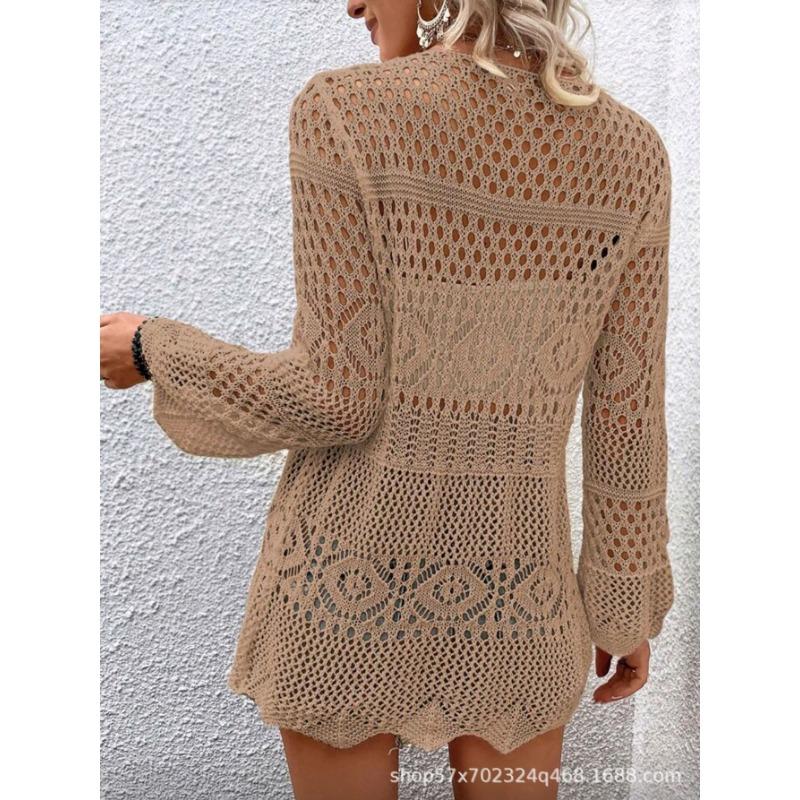 Women V Neck Long Sleeve Hollow Out Knit Cardigan Sun Protection Beach Cover Up Outerwear